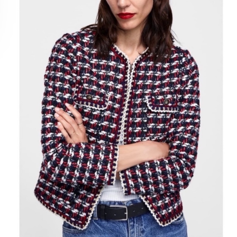 Zara Blogger Favorite textured tweed collarless jacket red & navy - Small - Picture 2 of 12